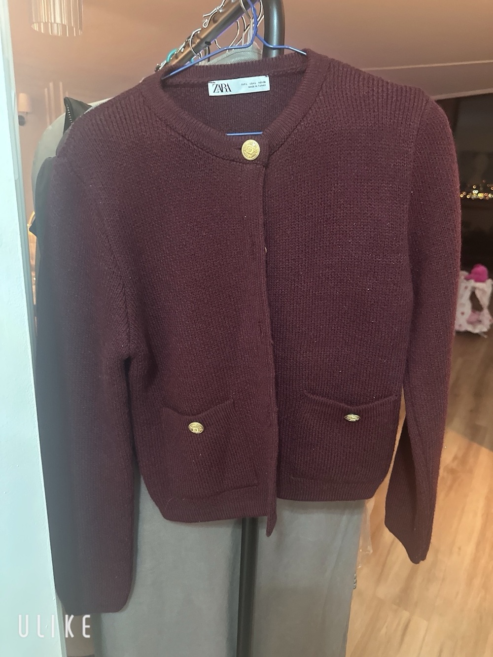 Zara Deep Burgundy Knit Cardigan with Gold Tone Button